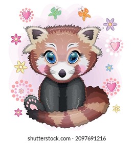Red panda, cute character with beautiful eyes, bright childish style. Rare animals, red book, cat, bear.
