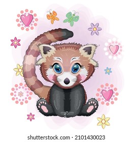 Red panda, cute character with beautiful eyes, bright childish style. Rare animals, red book, cat, bear.