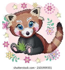 Red panda, cute character with beautiful eyes, bright childish style. Rare animals, red book, cat, bear.