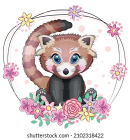 Red panda, cute character with beautiful eyes, bright childish style. Rare animals, red book, cat, bear.