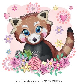 Red panda, cute character with beautiful eyes, bright childish style. Rare animals, red book, cat, bear.