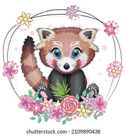 Red panda, cute character with beautiful eyes, bright childish style. Rare animals, red book, cat, bear.