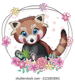 Red panda, cute character with beautiful eyes, bright childish style. Rare animals, red book, cat, bear.