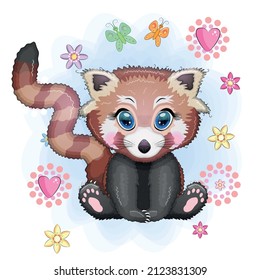 Red panda, cute character with beautiful eyes, bright childish style. Rare animals, red book, cat, bear.