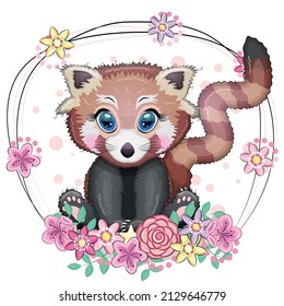 Panda rojo, bonito personaje con ojos hermosos, brillante estilo infantil. Animales raros, libro rojo, gato, oso.