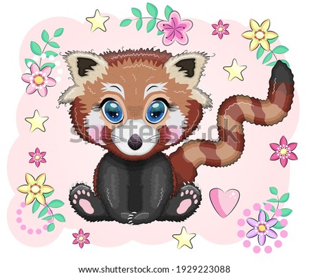 Red panda, cute character with beautiful eyes, bright childish style. Rare animals, red book, cat, bear.