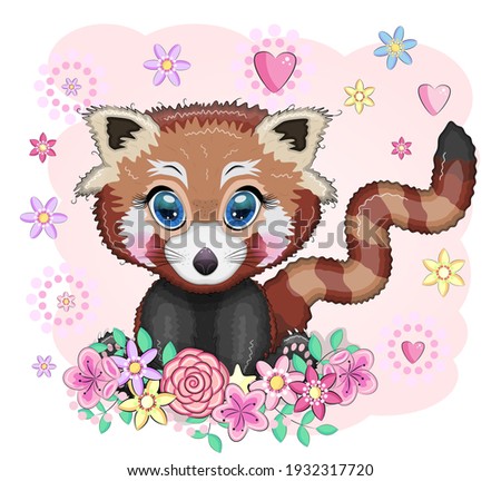 Red panda, cute character with beautiful eyes, bright childish style. Rare animals, red book, cat, bear.