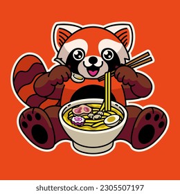 Red Panda Cute Character Eating The Ramen Noodle