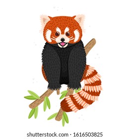 Red panda. Cute fluffy animal sits on branch. Endangered species. Character design. This can be used for postcard, cover, invitation and flyer to the zoo, printing on clothes. Vector illustration