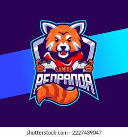 red panda cute mascot character esport logo design with game stick for gaming logo