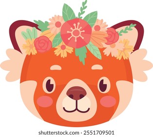 Red panda with decorative flowers headdress. Adorable animal isolated on white background