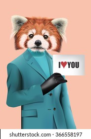 Red Panda dressed up in casual style. Vector Illustration of cute anthropomorphic panda wearing jacket, turtleneck, gloved hand holding the card  I love You. Realistic Fashion stylish animal portrait