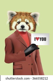 Red Panda dressed up in casual style. Vector Illustration of cute anthropomorphic panda wearing jacket, turtleneck, gloved hand holding the card  I love You. Realistic Fashion stylish animal portrait