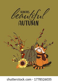   red panda, falling leaves, cozy food, nuts, mushrooms and pumpkin. Scrapbook collection of autumn season elements. Bright set for harvesting. Autumn postcard.