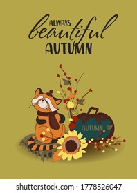   red panda, falling leaves, cozy food, nuts, mushrooms and pumpkin. Scrapbook collection of autumn season elements. Bright set for harvesting. Autumn postcard.