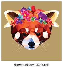 Red panda with a floral crown colorful low poly design isolated on brown background with a white outline. Animal portrait card.