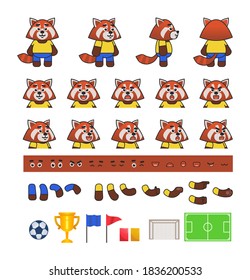 Red panda football player creation set, various soccer design elements. Vector illustration bundle