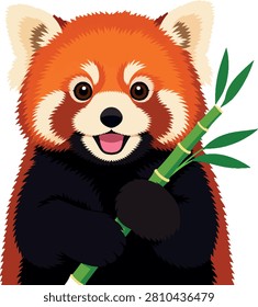 red panda front view holding bamboo branch, half body portrait, detailed flat vector illustration for wildlife infographic, zoo education, children app