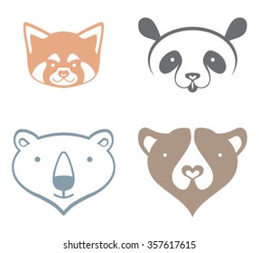 Red Panda, Giant Panda, Polar Bear, Brown Bear, Head Silhouette - Simple Vector Signs.
