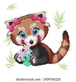 Red panda girl with bows and bouquet, holiday concept, mother's day card.