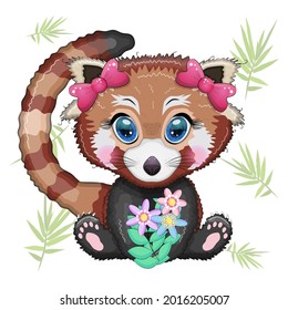 Red panda girl with bows and bouquet, holiday concept, mother's day card.