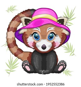 Red panda girl in pink summer hat, vacation concept.