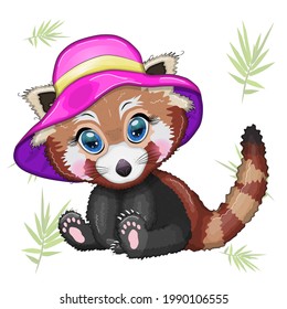 Red panda girl in pink summer hat, vacation concept.