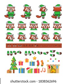 Red panda in green Christmas outift creation set, various Christmas design elements. Vector illustration bundle