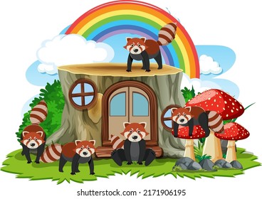 Red panda group with stump house illustration