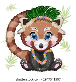 Red panda in hawaiian hula dancer outfit, vacation, summer concept.