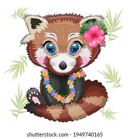 Red panda in hawaiian hula dancer outfit, vacation, summer concept.