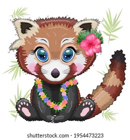 Red panda in hawaiian hula dancer outfit, vacation, summer concept.