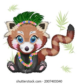 Red panda in hawaiian hula dancer outfit, vacation, summer concept.