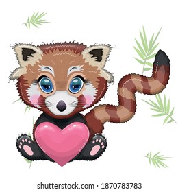 Red panda with heart, love and celebration concept, card for mother's day, valentine's day.