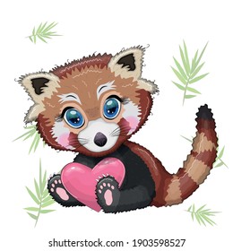 Red panda with heart, love and celebration concept, card for mother's day, valentine's day.