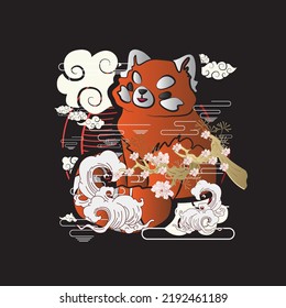 red panda illustration with japanese style