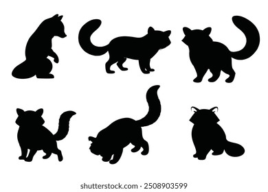 Red panda jump stand walk other pose black silhouette flat vector illustration.