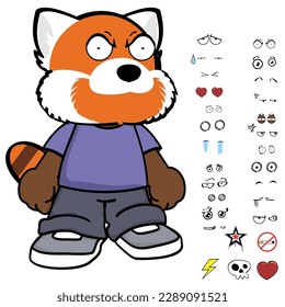 red panda kid character cartoon clothing, expressions pack in vector format
