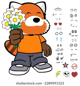 red panda kid character cartoon clothing, expressions pack in vector format