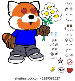 red panda kid character cartoon clothing, expressions pack in vector format