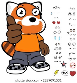 red panda kid character cartoon clothing, expressions pack in vector format