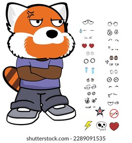 red panda kid character cartoon clothing, expressions pack in vector format