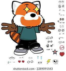 red panda kid character cartoon clothing, expressions pack in vector format