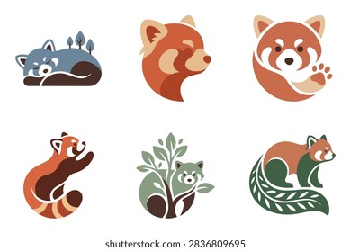 Red panda logo collection with cute stylized forest animal emblems, leaves and organic shapes for wildlife, nature and eco branding.