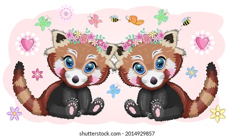 Red panda lovers, cute character, Valentine's day greeting card, bright childish style. Rare animals, red book, cat, bear
