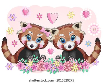 Red panda lovers, cute character, Valentine's day greeting card, bright childish style. Rare animals, red book, cat, bear