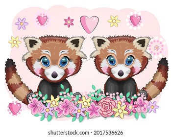 Red panda lovers, cute character, Valentine's day greeting card, bright childish style. Rare animals, red book, cat, bear