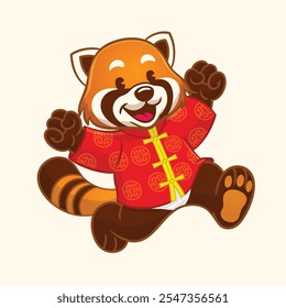 Mascota Panda roja con ropa tradicional china