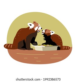 Red panda mother and son with open mouth near the bowl of food, animals express emotions, family quarrel for memes, children illustration, hand drawn vector