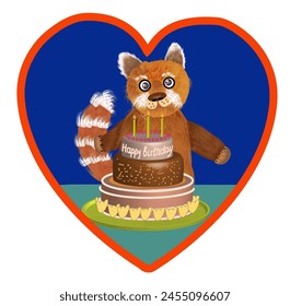 Red panda, near the table with a festive cake with lit candles in front, embedded in the shape of a heart. Vector illustration isolated on white